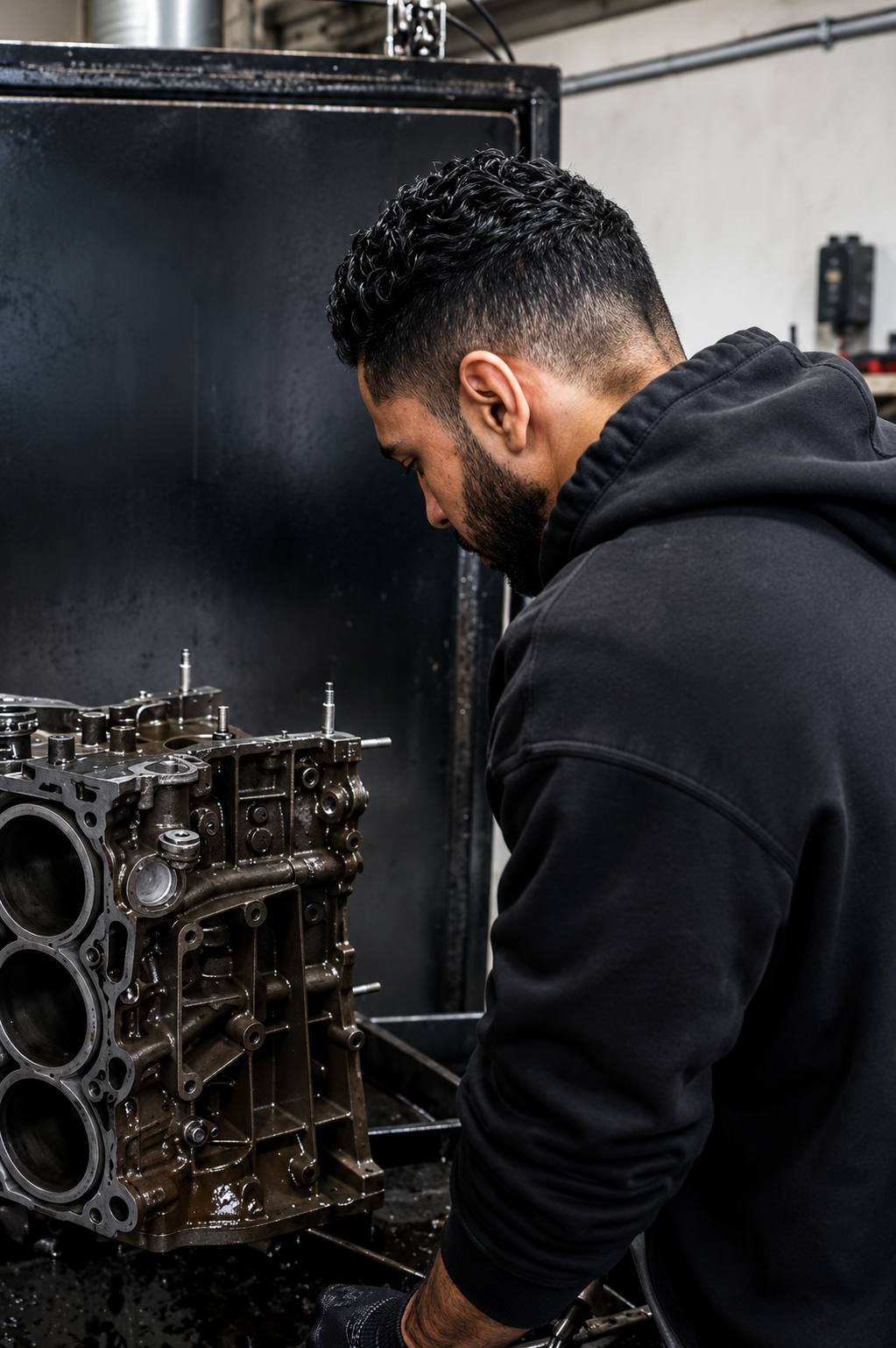Noah cleaning an engine block at MJM Engines